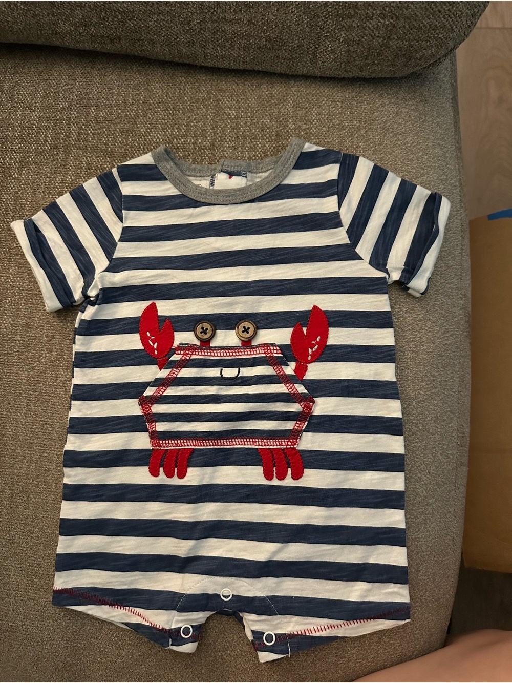 Mud Pie Navy & White Striped Short Sleeve Romper with Red Crab